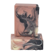 Load image into Gallery viewer, Rose clay pink and activated charcoal black swirled artisan natural soap bar