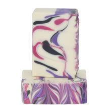 Load image into Gallery viewer, Ivory, pink and dark blue swirled artisan soap. Handcrafted Natural Soap: Experience the classic combination of sweet summer berries and warm vanilla in our beloved Raspberry Vanilla Joy Bar! A timelessly luxurious treat! Raspberry Vanilla Joy Bar is formulated of nourishing botanical oils infused with luxurious silk amino acids. Skin Joy Soap Murfreesboro Tennessee
