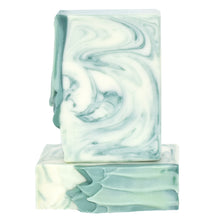 Load image into Gallery viewer, White and green swirled artisan soap bar. Handcrafted Luxury Natural Soap: A Soap Supreme bar, Eucalyptus Spearmint is formulated of nourishing botanical oils and cocoa butter, infused with organic coconut milk and luxurious silk fibers. This spa scent smells of eucalyptus, spearmint, and uninterrupted relaxation. Skin Joy Soap Murfreesboro Tennessee