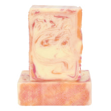 Load image into Gallery viewer, Ivory, pink and orange swirled artisan bar soaps with lace impression top. Handcrafted Luxury Natural Soap: Grapefruit Tangerine Soap Supreme is formulated of nourishing botanical oils and cocoa butter, infused with organic coconut milk and luxurious silk fibers. This bright citrus scent smells of ruby grapefruits, juicy tangerines, and joyful positivity. Skin Joy Soap Murfreesboro Tennessee