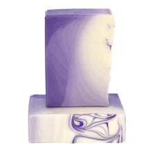 Load image into Gallery viewer, White and purple ombre bar soap. Handcrafted Luxurious Natural Bar Soap: A Soap Supreme best seller, Lavender Sage is formulated of nourishing botanical oils and cocoa butter infused with organic coconut milk and luxurious silk fibers. This essential oil fragrance oil blend is a classic clean herbaceous dream. Skin Joy Soap Murfreesboro Tennessee