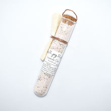 Load image into Gallery viewer, Lavender Botanical Bath Salt Soak in glass tube. Lavender Oat Bath Soak is a gentle blend of sea salts and colloidal oats. This best selling scent is the same lovely fragrance as our soap supreme bar “Lavender Sage” - top notes of rosemary and thyme, heart notes of lavender and sage, and base notes of powder and musk, this essential oil fragrance oil blend is a classic clean herbaceous dream. Skin Joy Soap Murfreesboro Tennessee