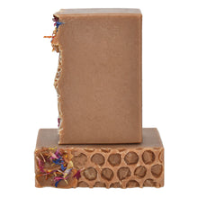 Load image into Gallery viewer, Honey gold bar soap with wildflower botanicals. Handcrafted Natural Soap:, Local Honey's fragrance profile is sweet and an oh so yummy traditional honey scent – you may even be tempted to lick your bar, but of course we advise against it. Local Honey Joy Bar is formulated of nourishing botanical oils and organic coconut milk infused with turmeric, luxurious silk fibers and 100% pure dark wildflower honey made right here in Tennessee. Skin Joy Soap Murfreesboro Tennessee