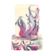 Load image into Gallery viewer, Ivory, pink and dark blue swirled artisan soap. Handcrafted Natural Soap: Experience the classic combination of sweet summer berries and warm vanilla in our beloved Raspberry Vanilla Joy Bar! A timelessly luxurious treat! Raspberry Vanilla Joy Bar is formulated of nourishing botanical oils infused with luxurious silk amino acids. Skin Joy Soap Murfreesboro Tennessee