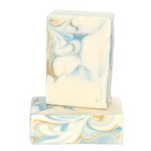Load image into Gallery viewer, White artisan soap with swirls of blue and gold. White Tea + Ginger Soap Murfreesboro Tennessee