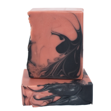 Load image into Gallery viewer, Rose clay pink and activated charcoal black swirled artisan natural soap bar
