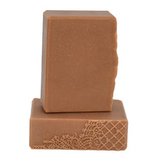 Load image into Gallery viewer, Golden soap bar with lace impression top.  Handcrafted Natural Soap: Golden Goddess is formulated of nourishing botanical oils infused with luxurious silk amino acids.  A lovely fall type fragrance with top notes of green mingle with notes of lavender and violet drying down into bottom notes of vanilla, cedar, and wood – it’s a little sweet and earthy.  Skin Joy Soap Murfreesboro Tennessee
