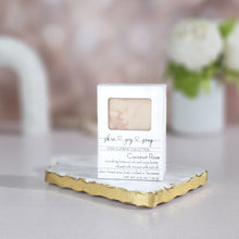 Load image into Gallery viewer, Cream, rose clay pink and gold swirled artisan soap bar packaged in a white box. Coconut Rose Soap Supreme is formulated of luxurious cocoa butter, organic coconut milk, and our botanical oil blend infused with cruelty-free silk, fragranced to perfection - it’s a little coconut-y, a little vanilla-y, IT. IS. STUNNING. The fragrance profile is a sweet and soft mix of coconut, candy apple, raspberry, red currant, tulip, freesia, heliotrope, rose, cashmere musk, vanilla, and amber. Skin Joy Soap Murfreesboro
