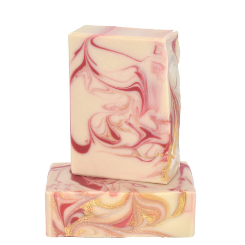 Creamy almond red cherry and gold artisan swirled bar soap.  Skin Joy Soap Murfreesboro Tennessee