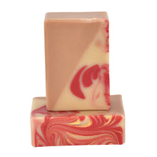 Load image into Gallery viewer, Cream, tan, red and gold swirled cherry almond natural soap
