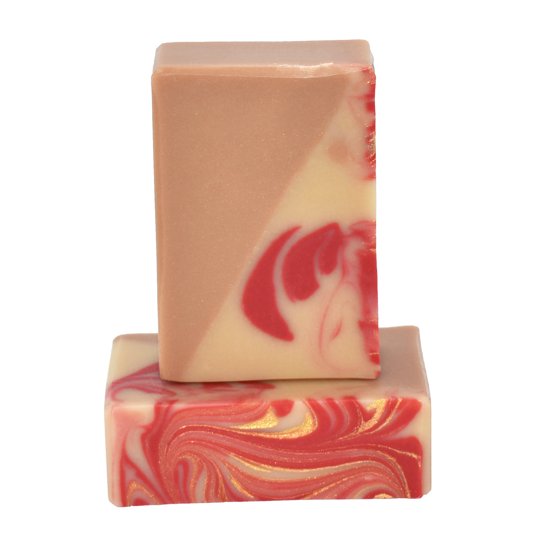 Cream, tan, red and gold swirled cherry almond natural soap