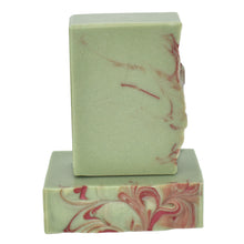 Load image into Gallery viewer, Green with whispy drizzles of rose red soap.  Natural Soap: The true essence of Equinox is a beautiful balance of calming chamomile and refreshing mint, an herbal reflection of the changing seasons we experience in March and September with complementary notes of beeswax, fresh grass intertwined with aged oak.  Skin Joy Soap Murfreesboro Tennessee
