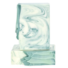 Load image into Gallery viewer, White and green swirled artisan soap bar.  Handcrafted Luxury Natural Soap: A Soap Supreme bar, Eucalyptus Spearmint is formulated of nourishing botanical oils and cocoa butter, infused with organic coconut milk and luxurious silk fibers. This spa scent smells of eucalyptus, spearmint, and uninterrupted relaxation. Skin Joy Soap Murfreesboro Tennessee
