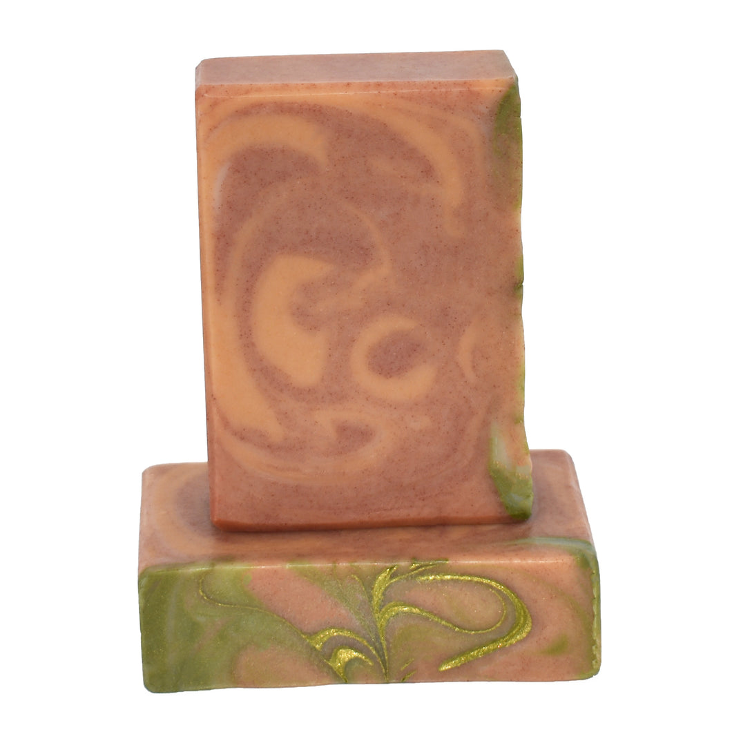 Red and yellow brazilian clay swirled artisan soap bars.  Handcrafted Natural Soap: Gratitude is a delicate fragrance profile that welcomes in the season of gratitude with a wonderful complex blend of apples, candied yams, marshmallows, sweet cream butter, brown sugar, nutmeg, crushed cinnamon bark and fresh cloves.  Skin Joy Soap Murfreesboro Tennessee