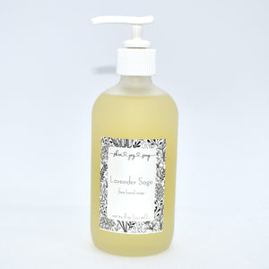 Lavender Sage Liquid Soap in Frosted Glass Jar.  Ultra gentle Lavender Sage liquid soap is formulated with organic coconut and sunflower seed oils and fragranced to perfection with our best selling Lavender Sage, classic clean herbaceous dream.  Skin Joy Soap Murfreesboro Tennessee