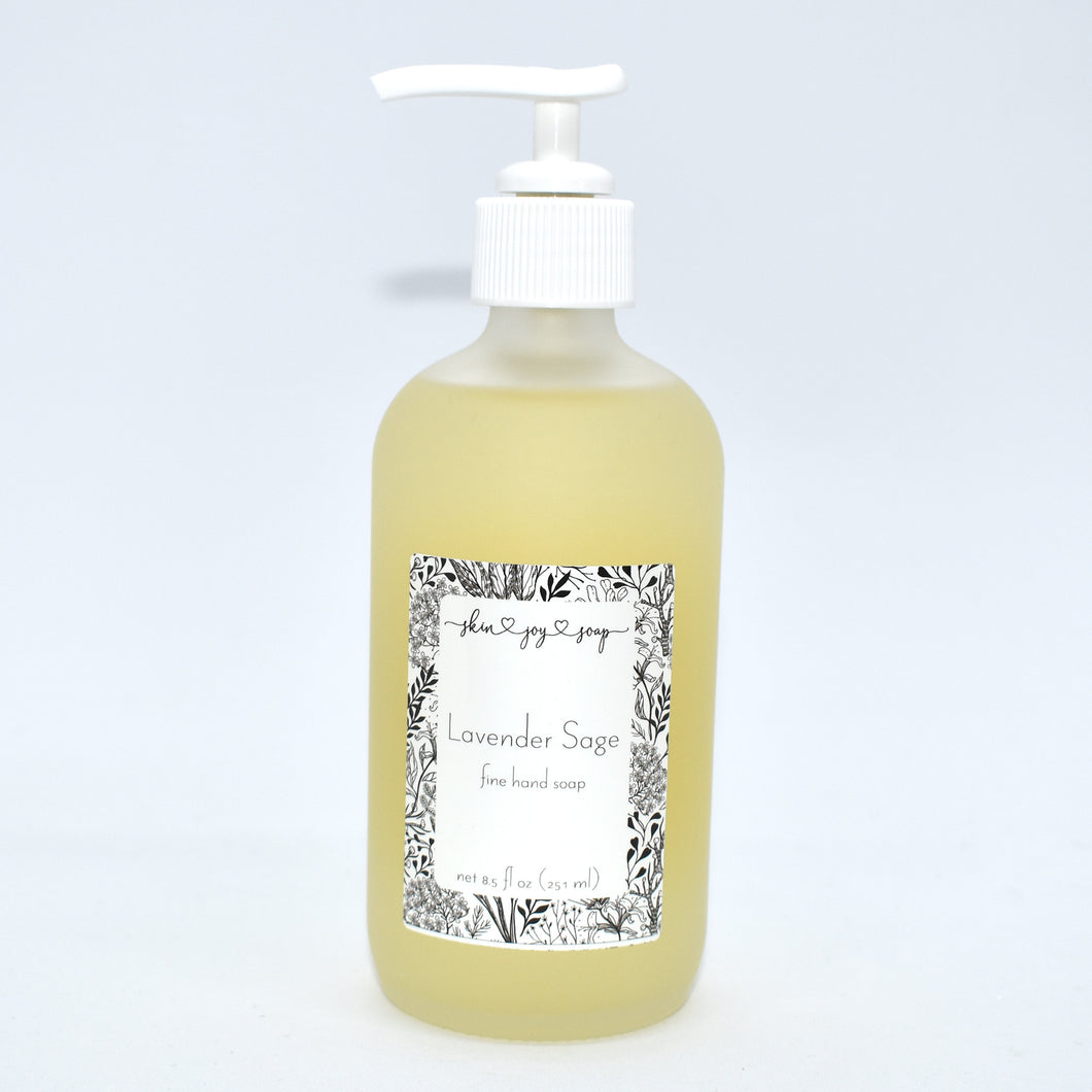 Lavender Sage Liquid Soap in Frosted Glass Jar.  Ultra gentle Lavender Sage liquid soap is formulated with organic coconut and sunflower seed oils and fragranced to perfection with our best selling Lavender Sage, classic clean herbaceous dream.  Skin Joy Soap Murfreesboro Tennessee