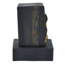 Load image into Gallery viewer, Black and gold bar soap.  Handcrafted Natural Soap Made for Men: Leather Jacket is formulated of nourishing botanical oils, cocoa butter and organic coconut milk infused with luxurious silk amino acids and activated charcoal for a deep pore detox.  The fragrance profile is warm and spicy with notes of leather, sage, lavender, tonka beans and cashmere.  Skin Joy Soap Murfreesboro Tennessee
