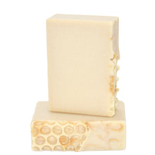 Load image into Gallery viewer, Creamy ivory soap bar with gold drizzle top artisan soap.  Handcrafted Luxury Natural Soap: Oatmeal Milk and Honey Soap fragrance is sweet, warm and simply delicious!  Oatmeal, Milk + Honey Joy Bar is formulated of nourishing botanical oils and organic coconut milk infused with luxurious silk fibers.  Skin Joy Soap Murfreesboro Tennessee

