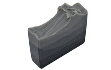 Load image into Gallery viewer, Shades of gray layered artisan natural soap.  Handmade soap with gradient layers of activated charcoal, Shades bar is formulated of nourishing botanical oils infused with luxurious silk amino acids and activated charcoal for a deep pore detox.  The fragrance profile is masculine blend of oak, cedar, mandarin, musk and amber.  Skin Joy Soap Murfreesboro Tennessee
